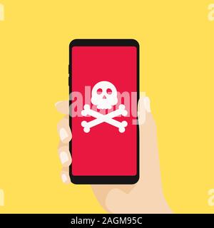 Mano azienda smartphone con discorso bolla e teschi sullo schermo. Illustrazione Vettoriale