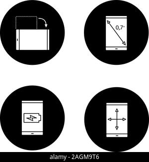 Glifo dello smartphone set di icone. Visualizzare le dimensioni in pollici, rotazione dello schermo e ridimensionare, la carica della batteria. Vettore silhouette bianca illustrazioni di cerchi neri Illustrazione Vettoriale
