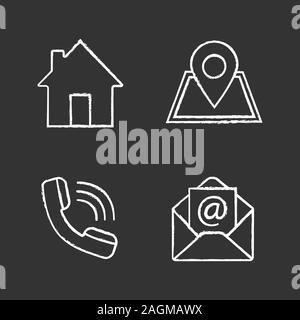 Centro informazioni di chalk set di icone. Homepage, navigazione GPS, chiamata in arrivo, i messaggi di posta elettronica. Vettore isolato illustrazioni della lavagna Illustrazione Vettoriale
