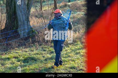 Il 20 dicembre 2019, Brandeburgo, Guben: Pedro Chibule, forester dal Landesbetrieb Forst Brandenburg, costruisce una griglia di protezione contro la peste suina africana in un confine tedesco post vicino al confine fiume Neisse. Il rischio di introduzione della peste suina africana (ASF) infettati da suini selvatici dalla Polonia occidentale in Germania è in aumento. Stato di Brandeburgo, in stretto coordinamento con i distretti amministrativi, sarà pertanto utilizzando mobile la tutela della fauna selvatica recinzioni lungo il Neisse e fiumi Oder da questa settimana in poi, a seconda della situazione di rischio, per scongiurare la introduzione di Foto Stock