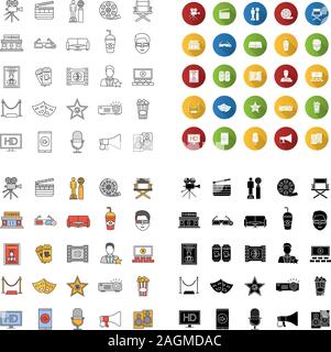 Cinema set di icone. Movie Theater. Attrezzature, servizio, premi. Lineare, design piatto, colori e stili di glifi. isolato illustrazioni vettoriali Illustrazione Vettoriale