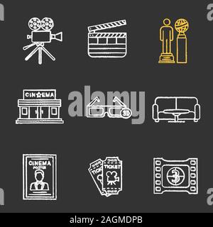 Cinema chalk set di icone. Macchina fotografica del film, clapperboard, premi, cinema, gli occhiali 3D, frame di pellicola, biglietti, poster, tavolo pranzo e divano. Vettore isolato Illustrazione Vettoriale