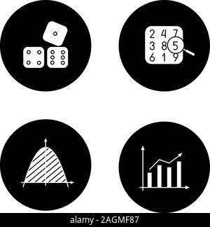 Matematica glifo set di icone. Teoria dei numeri, statistiche, sistema di coordinate, i dadi. Vettore silhouette bianca illustrazioni di cerchi neri Illustrazione Vettoriale