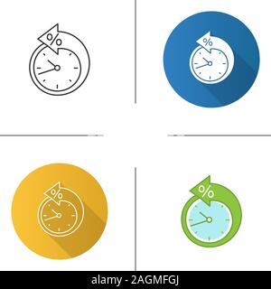 Freccia indietro intorno orologio con percentuale di icona. In senso antiorario. Di ripianificazione del debito. I termini di pagamento. Design piatto, lineare e stili colore. Vettore isolato malato Illustrazione Vettoriale
