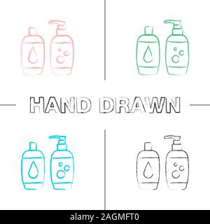 Shampoo e bagno schiuma disegnati a mano set di icone. Sapone e gel doccia. Prodotti Igiene.Colore tratto di pennello. Vettore isolato sketchy illustrazioni Illustrazione Vettoriale