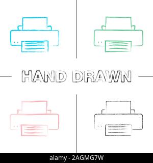 Stampante disegnati a mano set di icone. Macchina per la stampa. Colore tratto di pennello. Vettore isolato sketchy illustrazioni Illustrazione Vettoriale