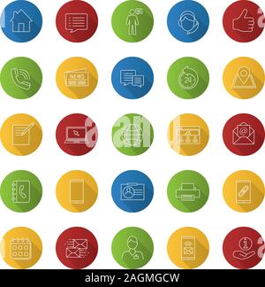 Centro informazioni lineare piana lunga ombra set di icone. Forniture per ufficio, dispositivi di comunicazione, servizio di supporto. Vettore illustrazione di contorno Illustrazione Vettoriale