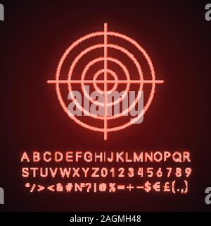 Target di pistola di luce al neon icona. Obiettivo. Il radar. Segno incandescente con alfabeto, numeri e simboli. Vettore illustrazione isolato Illustrazione Vettoriale