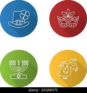Vacanze lineare piana lunga ombra set di icone. La festa di San Patrizio, Mardi Gras, Hanukkah, nuovo anno cinese. Vettore illustrazione di contorno Illustrazione Vettoriale