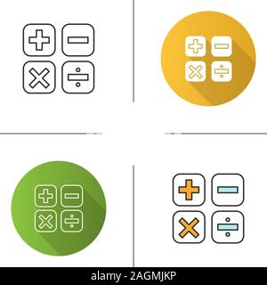 Simboli di matematica icona. Il calcolo. Matematica elementari. Più, Meno, moltiplicare, dividere. Design piatto, lineare e stili colore. Vettore isolato illustra Illustrazione Vettoriale