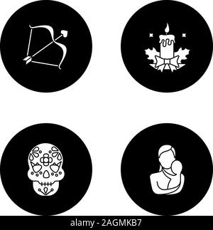 Vacanze a glifo set di icone. Giorno di San Valentino, Natale, Dia de los Muertos, Giornata della madre. Vettore silhouette bianca illustrazioni di cerchi neri Illustrazione Vettoriale