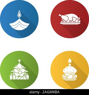 Vacanze design piatto lungo ombra glifo set di icone. Diwali, la Giornata del Ringraziamento, Capodanno, Pasqua. Vettore illustrazione silhouette Illustrazione Vettoriale