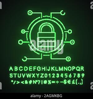Bloccare la luce al neon icona. Accesso digitale. Il lucchetto chiuso nel microchip pathways. Cyber security. Segno incandescente con alfabeto, numeri e simboli. Vettore è Illustrazione Vettoriale