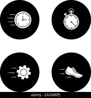 Motion glifo set di icone. Velocità. Flying orologio, cronometro, ingranaggio, sneaker. Vettore silhouette bianca illustrazioni di cerchi neri Illustrazione Vettoriale