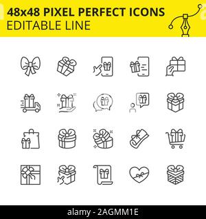 Icone modificabili di confezioni regalo e sorprese. Include la prua, consegna, Nastro Certificate etc. Pixel perfetto Set modificabile 48x48. Vettore. Illustrazione Vettoriale