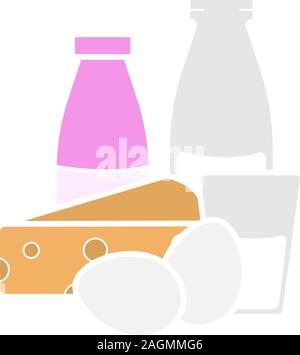 Prodotti lattiero-caseari glifo icona di colore. Vetro e bottiglia di latte, uova, formaggio e yogurt. Silhouette simbolo su sfondo bianco con nessun contorno. Sp negativo Illustrazione Vettoriale