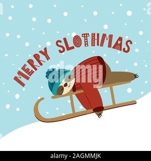 Merry Slothmas - biglietto di auguri per Natale con graziosi bradipo con slitta. Disegnata a mano scritte per Natale biglietti di auguri e inviti. Buona per t-shirt, Illustrazione Vettoriale