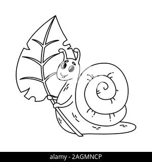 Snail tenendo una foglia. Vettore illustrazione carino isolati su sfondo bianco. Bambini illustrazione della bella lumache con guscio. Illustrazione di contorno per co Illustrazione Vettoriale