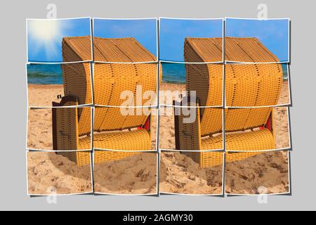 16 piccole immagini danno una grande immagine. Due sedie a sdraio sono a Mar Baltico beach in Meclemburgo Pomerania Occidentale, Germania, Europa Foto Stock