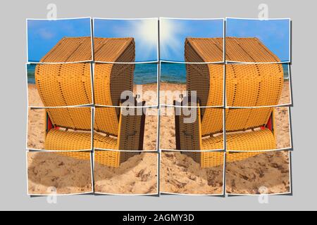 16 piccole immagini danno una grande immagine. Due sedie a sdraio sono a Mar Baltico beach in Meclemburgo Pomerania Occidentale, Germania, Europa Foto Stock
