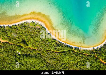 Mare Adriatico a riva in Croazia, Dugi otok, boschi di pino e nascosti in una spiaggia segreta da fuco, vista aerea Foto Stock