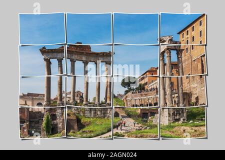 Foro romano con il Tempio di Saturno e le restanti tre colonne del tempio di Vespasiano (a destra), Roma, Lazio, l'Italia, Europa Foto Stock