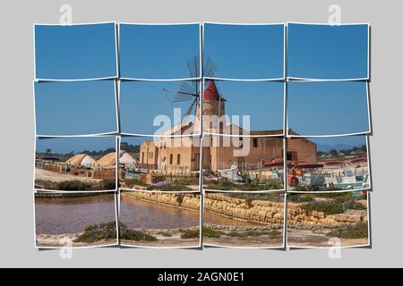 Saltwork con mulino a vento e il museo del sale, Salina Infersa, Murana, Trapani, Sicilia, Italia, Europa Foto Stock