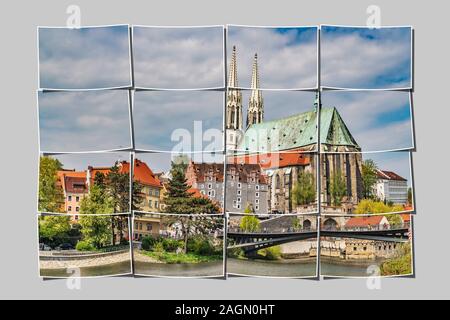 Vista sul fiume Neisse alla città vecchia di Goerlitz e la Peterskirche (St. Pietro), Goerlitz, in Sassonia, Germania, Europa Foto Stock