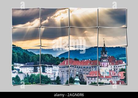 Vista sulla città vecchia di Chesky Krumlov e il Castello di Krumlov Chesky in serata, Boemia, Jihocesky Kraj, Repubblica Ceca, Europa Foto Stock