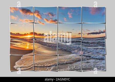 16 piccole immagini danno una grande immagine. Tramonto sulla spiaggia del Mar Baltico in Kolobrzeg, la Pomerania Occidentale, Polonia, Europa Foto Stock