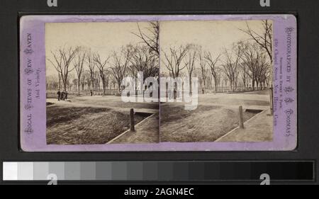 Vecchio verde dal Chapel Street include le vedute di S. C. Northrop, H. S. Peck, Prescott & Bianco e altri fotografi ed editori. Robert Dennis raccolta di vista stereoscopica. Titolo ideato da cataloger. Vedute di New Haven, Connecticut; include generale e Street View; viste delle chiese tra cui una vista interna della Chiesa del Redentore che mostra il pulpito e l'interno della prima Congregazione che mostra tutto decorato per il Natale con un albero e ghirlande; la high school; il municipio e il palazzo di giustizia; il verde e un parco o giardino che ha una fontana; una strada e snow-bound trolle Foto Stock