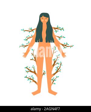 Donna felice con il verde ramo di albero isolato su sfondo bianco. La salute del corpo o eco friendly natura il concetto di cura in mano disegnato in stile cartone animato. Illustrazione Vettoriale