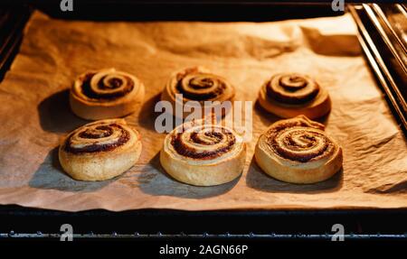 Dolce vegano fatti in casa panini alla cannella su carta da forno in un illuminato in forno - formato orizzontale Foto Stock