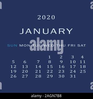 Gennaio 2020 Calendario. Il primo mese dell'anno nuovo, l'inverno. Per uso personale e per l'ufficio. Scheduler. Immagine su sfondo blu Illustrazione Vettoriale
