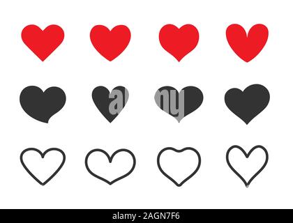Insieme di icone cardiache isolate su sfondo bianco. Raccolta di forme cardiache lineari e solide per il sito web, logo d'amore e San Valentino. Illustrazione Vettoriale