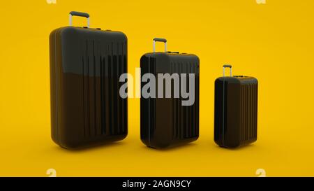 Tre valigie isolato su sfondo giallo, 3d'illustrazione. Foto Stock