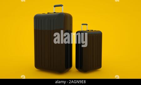 Nero due valigie di viaggio isolato su sfondo giallo, rendering 3d. Foto Stock