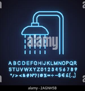 Doccia di luce al neon icona. Doccia rubinetto con acqua corrente. Segno incandescente con alfabeto, numeri e simboli. Vettore illustrazione isolato Illustrazione Vettoriale