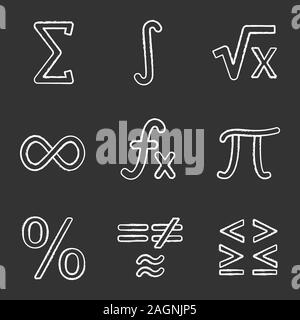 Matematica chalk set di icone. I simboli matematici. Algebra. Vettore isolato illustrazioni della lavagna Illustrazione Vettoriale