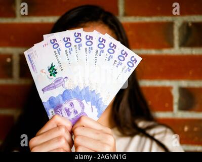 La donna nasconde il suo volto con una gamma di quinto tousand pesos bill e mattoni come sfondo Foto Stock