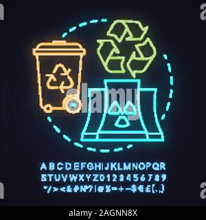 Il riciclaggio dei rifiuti di luce al neon concetto icona. Protezione dell'ambiente idea. Il riutilizzo di rifiuti. Segno incandescente con alfabeto, numeri e simboli. Isolare il vettore Illustrazione Vettoriale