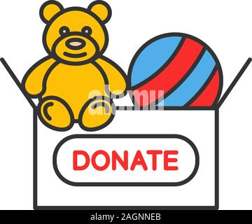 Giocattoli donando il colore icona. La carità per i bambini. Casella di donazione con Teddy bear e la sfera. Isolato illustrazione vettoriale Illustrazione Vettoriale