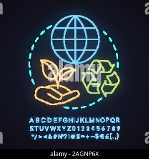 Ecologia luce al neon concetto icona. Protezione dell'ambiente idea. La giornata della terra. Segno incandescente con alfabeto, numeri e simboli. Vettore illustrazione isolato Illustrazione Vettoriale