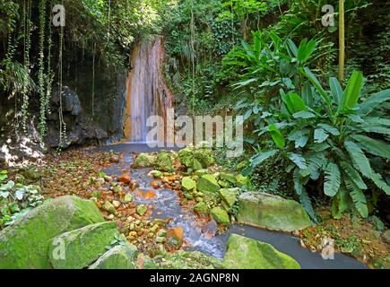 Diamond la cascata nel Giardino Botanico con vegetazione tropicale, Soufriere, St. Lucia, Piccole Antille, West Indies, nelle Isole dei Caraibi Foto Stock
