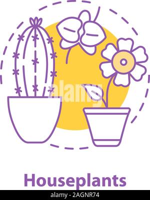 Concetto Houseplants icona. Fiori idea sottile linea illustrazione. Orchid, cactus e hibiscus in vasi di fiori. Il vettore isolato disegno di contorno Illustrazione Vettoriale