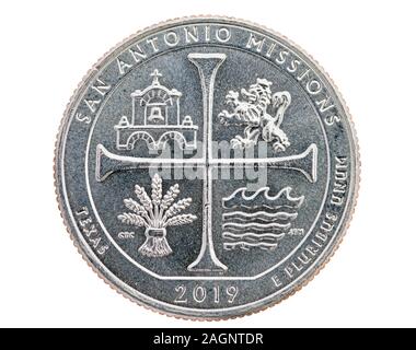 San Antonio Texas missioni trimestre commemorative coin isolato su bianco Foto Stock