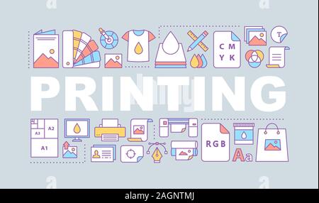 Stampa i concetti di parola banner. Polygraphy e la tipografia. Graphic design. Stampanti a colori, modelli, mockups. Isolato caratteri tipografici idea con lin Illustrazione Vettoriale