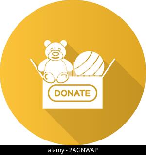 Giocattoli donando design piatto lungo ombra glifo icona. La carità per i bambini. Casella di donazione con Teddy bear e la sfera. Vettore illustrazione silhouette Illustrazione Vettoriale