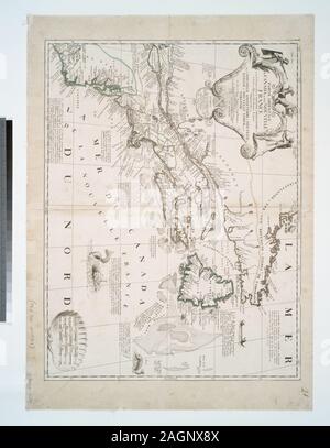 Mostra Nord America orientale dal Labrador al Carolinas. Sollievo mostrato graficamente. Dediee a Monsieur l'abb{226}e Baudrand par son tres umile serviteur I.B. Nolin. Contorno colore. Include le note e ill. Citazione/Riferimento: Kershaw, K.A. Presto le mappe stampate del Canada, 1540-1703, 159; Partie orientale du Canada ou de la Nouvelle France : ou sont les province, ou pays de Sagvenay, Canada, Acadie ecc., les peuples, nazioni ou des Etechemins, Iroquois, Attiquameches ecc., auec la Nouvelle Angleterre, la Nouvelle Ecosse, la Nouvelle Yorck, et la Virginie, les isles de Terre Neuve, de Cap Breton e Foto Stock
