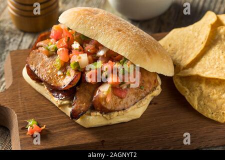 Speziato in casa chorizo Sandwich Con Salsa e Mayo Foto Stock